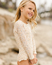 Load image into Gallery viewer, Long Sleeve rashguard one piece with ruffle around the waist and a floral print.