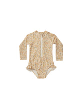 Load image into Gallery viewer, Long Sleeve rashguard one piece with ruffle around the waist and a floral print.