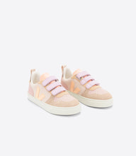 Load image into Gallery viewer, Children Veja sneaker featuring a pink, purple, orange, and beige colour way. Three velcro straps on front for a snug fit.