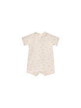 Load image into Gallery viewer, Zip up one-piece short sleeve rash guard featured in an ivory colour and a sun all over print.