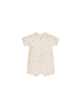 Load image into Gallery viewer, Zip up one-piece short sleeve rash guard featured in an ivory colour and a sun all over print.