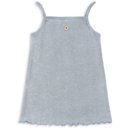 Baby blue tank top dress featuring a sparkle fabric and a daisy in the front middle. 