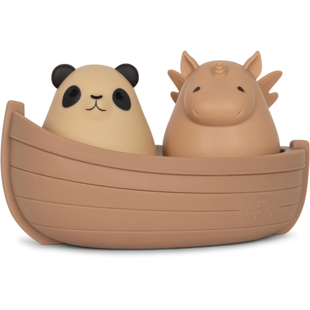 Silicone bath toy featuring a panda and unicorn in a boat. 