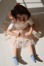 Load image into Gallery viewer, 2 pack of children&#39;s socks featuring a blue pair and a sand coloured pair, both having a decorative shimmer to them and a lace ruffle around the ankle.
