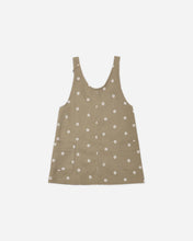 Load image into Gallery viewer, Rylee + Cru V-Neck overall pinafore kids dress with embroidered daisy details.
