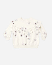 Load image into Gallery viewer, Rylee + Cru children's blue daisy print ruffle fleece sweatshirt.
