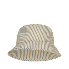 Load image into Gallery viewer, Cream coloured children&#39;s bucket hat feating a blue stripe pattern.
