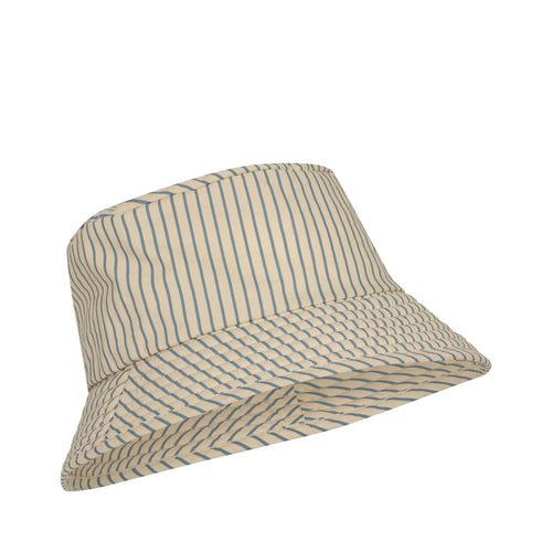 Cream coloured children's bucket hat feating a blue stripe pattern.