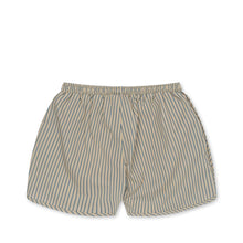 Load image into Gallery viewer, Cream coloured children&#39;s swim shorts featuring a vertical blue stripe pattern.

