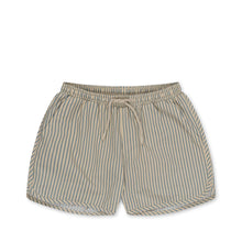 Load image into Gallery viewer, Cream coloured children&#39;s swim shorts featuring a vertical blue stripe pattern. 
