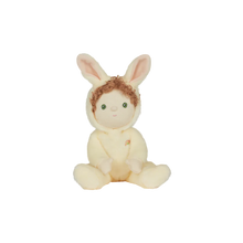 Load image into Gallery viewer, Babbit the bunny plush toy is featuring a cream onesie with bunny ears on the hood and blonde curly hair. 
