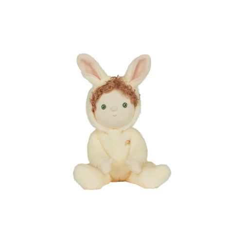 Babbit the bunny plush toy is featuring a cream onesie with bunny ears on the hood and blonde curly hair. 