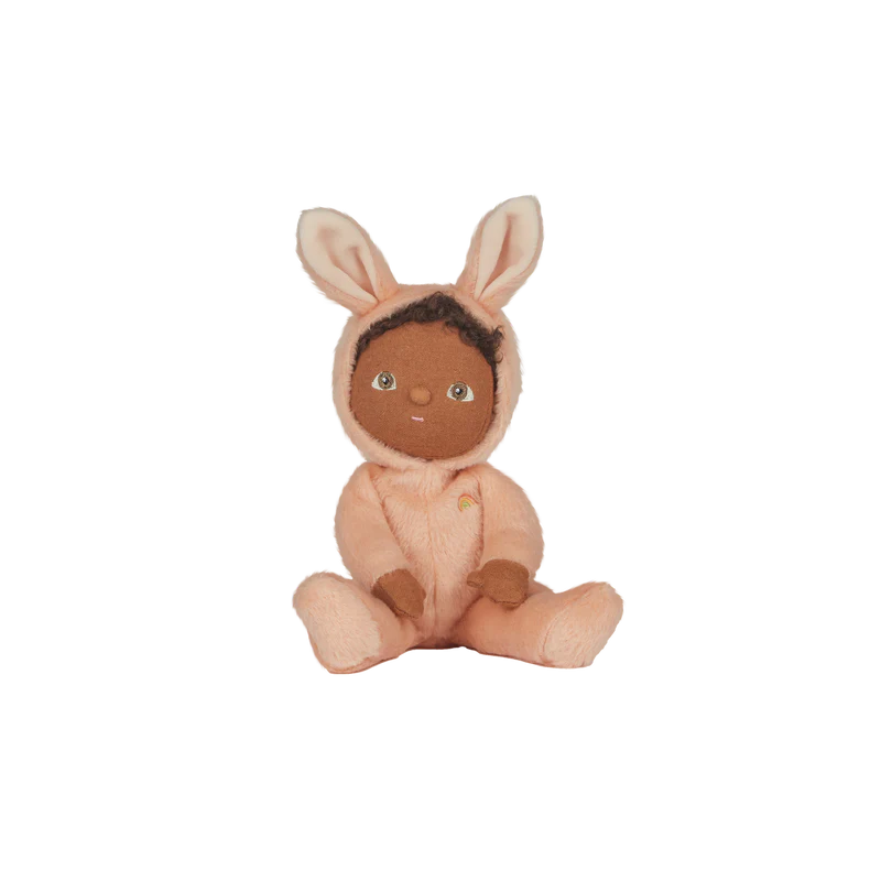 Babs the bunny featuring a peach onesie and a hood with ears on it.