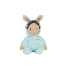Load image into Gallery viewer, Basil the Bunny plush toy featuring a blue onesie and a hood with ears on it. 
