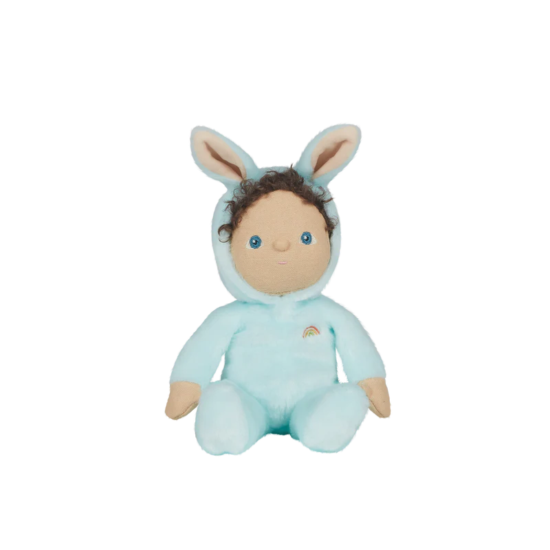 Basil the Bunny plush toy featuring a blue onesie and a hood with ears on it. 
