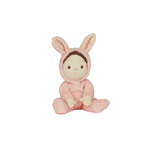Load image into Gallery viewer, Bella the Bunny doll featuring a pink onesie with bunny ears on hood 
