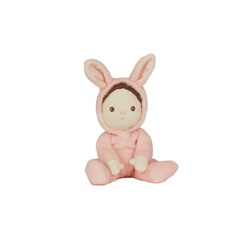 Bella the Bunny doll featuring a pink onesie with bunny ears on hood 