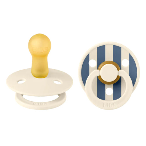 2 pack of baby pacifiers featuring an ivory and steel blue striped pattern. 