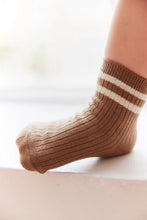 Load image into Gallery viewer, Brown children&#39;s sock with two cream stripes around the ankle.
