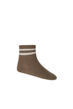 Load image into Gallery viewer, Brown children&#39;s sock with two cream stripes around the ankle. 
