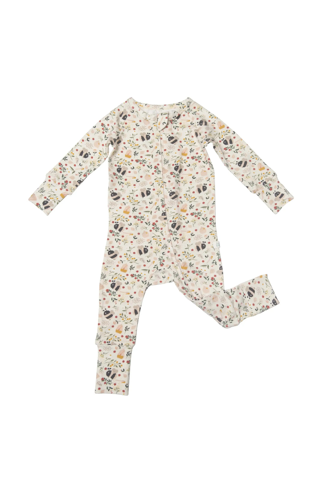 Sleeper with fold over hands and feet with a bumble bee print. Zipper down the middle to feet. 