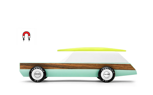 Wooden Toy Car with magnetic surfboard on the top. The car also has a wooden stripe along the turquoise side. 