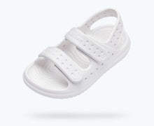 Load image into Gallery viewer, White sandles from Native Shoes featuring two adjustable straps for a snug fit.
