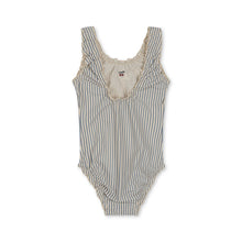 Load image into Gallery viewer, Children&#39;s one-piece swimsuit featuring a cream and blue stripe print and short sleeves with a cherry design in the front middle.
