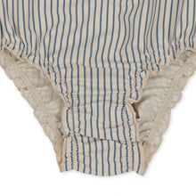Load image into Gallery viewer, Children&#39;s one-piece swimsuit featuring a cream and blue stripe print and short sleeves with a cherry design in the front middle.
