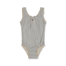 Load image into Gallery viewer, Children&#39;s one-piece swimsuit featuring a cream and blue stripe print and short sleeves with a cherry design in the front middle. 
