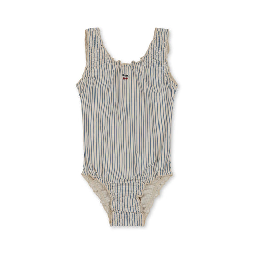 Children's one-piece swimsuit featuring a cream and blue stripe print and short sleeves with a cherry design in the front middle. 