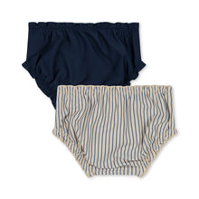 Load image into Gallery viewer, 2-pack of baby swim pants featuring one navy blue set, and a blue stripe set.
