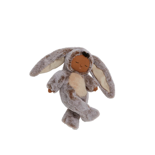 Grey and beige plush toy featuring a onesie with bunny ears on the hood. 