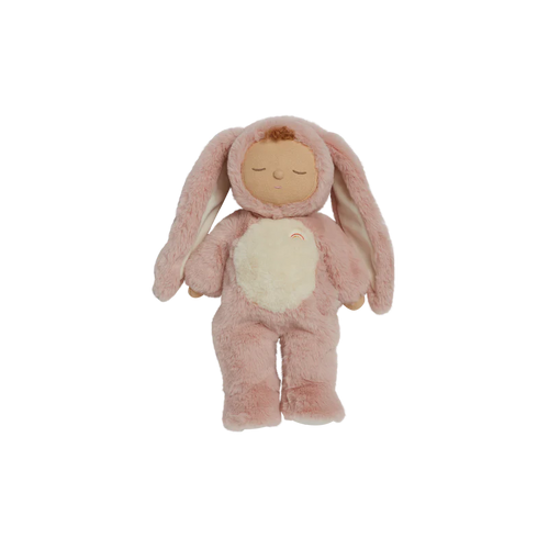 Pink plush toy featuring long bunny ears and a pink onesie