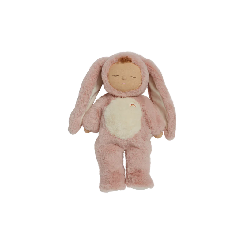 Pink plush toy featuring long bunny ears and a pink onesie