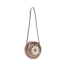 Load image into Gallery viewer, Children&#39;s round shoulder bag featuring a pink all over glitter and daisy on the front.
