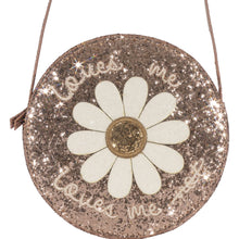 Load image into Gallery viewer, Children&#39;s round shoulder bag featuring a pink all over glitter and daisy on the front.
