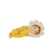 Load image into Gallery viewer, Dinky Dinkum Doll named Daisy. Daisy comes in a yellow onsie with a flower hood. Daisy has light brown short wavy hair.
