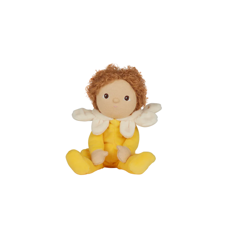 Dinky Dinkum Doll named Daisy. Daisy comes in a yellow onsie with a flower hood. Daisy has light brown short wavy hair. 