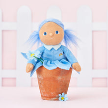 Load image into Gallery viewer, Dinky Dinkum Doll named Iris. Iris comes in a blue dress with a flower skirt and light blue leeggings. Iris also has bright blue hair.
