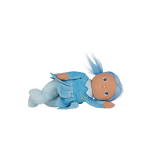 Load image into Gallery viewer, Dinky Dinkum Doll named Iris. Iris comes in a blue dress with a flower skirt and light blue leeggings. Iris also has bright blue hair.
