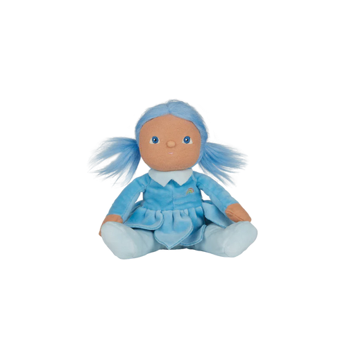 Dinky Dinkum Doll named Iris. Iris comes in a blue dress with a flower skirt and light blue leeggings. Iris also has bright blue hair. 
