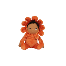 Load image into Gallery viewer, Dinky Dinkum Doll named Poppy comes with an orange onesie and flower hood. Poppy has dark curly hair.
