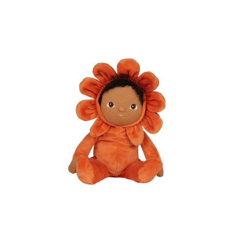 Dinky Dinkum Doll named Poppy comes with an orange onesie and flower hood. Poppy has dark curly hair.