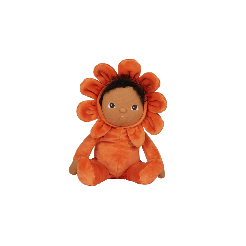 Dinky Dinkum Doll named Poppy comes with an orange onesie and flower hood. Poppy has dark curly hair.