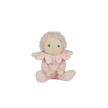 Load image into Gallery viewer, Dinky Dinkums Doll named Rose. Rose comes in a light pink onesie, with light pink short curly hair. Rose also has blue eyes. 
