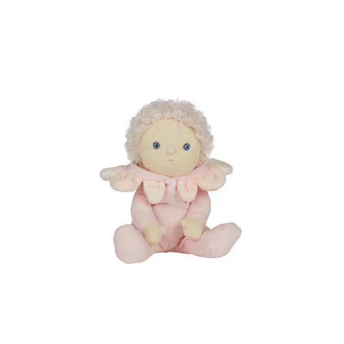 Dinky Dinkums Doll named Rose. Rose comes in a light pink onesie, with light pink short curly hair. Rose also has blue eyes. 