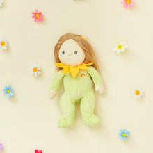 Load image into Gallery viewer, Dinky Dinkum doll named Sunny. Sunny comes in a light green onesie with a yellow flower collar. Sunny also has light brown straight hair.
