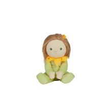 Load image into Gallery viewer, Dinky Dinkum doll named Sunny. Sunny comes in a light green onesie with a yellow flower collar. Sunny also has light brown straight hair. 

