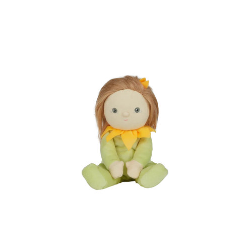 Dinky Dinkum doll named Sunny. Sunny comes in a light green onesie with a yellow flower collar. Sunny also has light brown straight hair. 